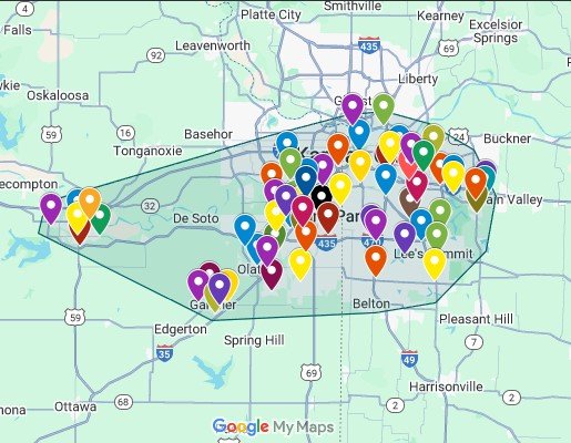 Service area map showing completed fence installations by Picket Pros across the Kansas City metro